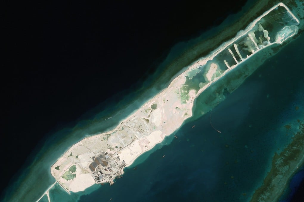 Barque Canada Reef, pictured in May 2024, is Vietnam’s largest outpost. Hanoi’s expanded presence is being studied by China’s natural resources ministry which is reporting on a new harbour on the reef. Photo: CSIS/AMTI