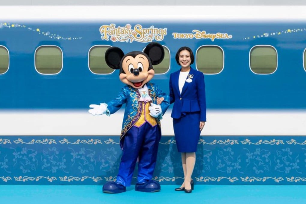 Mickey Mouse was on hand to help launch a Tokyo-Osaka line “Wonderful Dreams Shinkansen” bullet train in Disney livery, featuring characters such as Peter Pan, Elsa from Frozen and Rapunzel from Tangled. Photo: Central Japan Railway/Disney