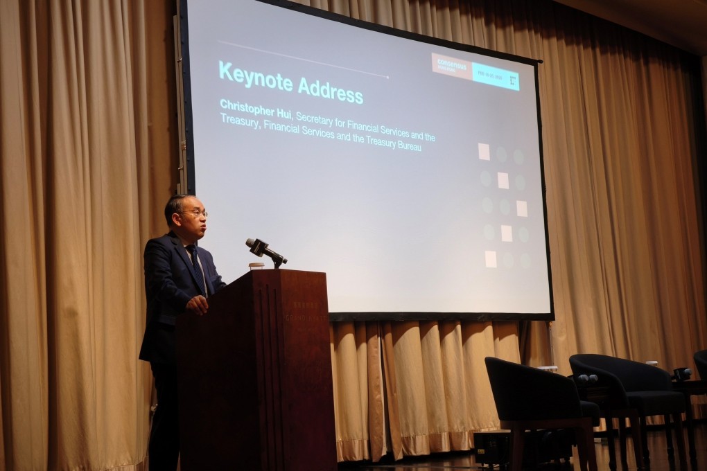 The Secretary for Financial Services and the Treasury Christopher Hui delivers a keynote address at the Institutional Summit for investors and industry leaders at Consensus Hong Kong 2025 on February 18. Photo: Handout