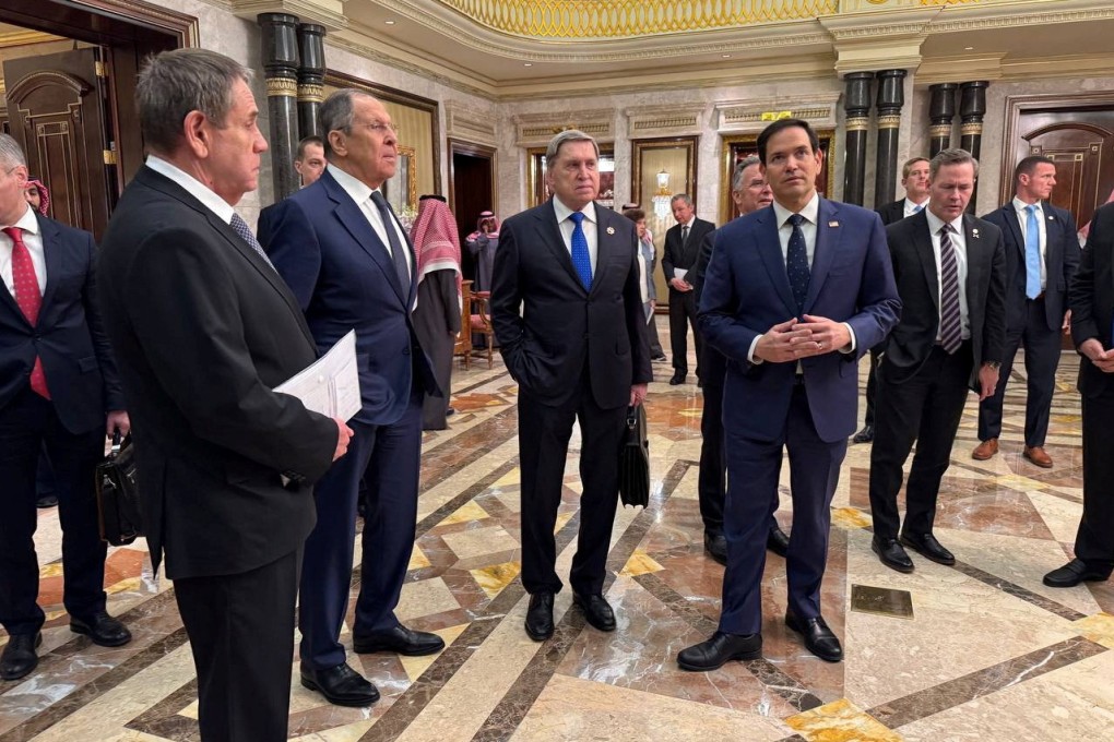 US Secretary of State Marco Rubio (second from right), Russian Foreign Minister Sergey Lavrov (second from left), Russian President Vladimir Putin’s foreign policy advisor Yuri Ushakov and delegates attend talks in Riyadh, Saudi Arabia February 18, 2025. Photo: Russian Foreign Ministry/Reuters