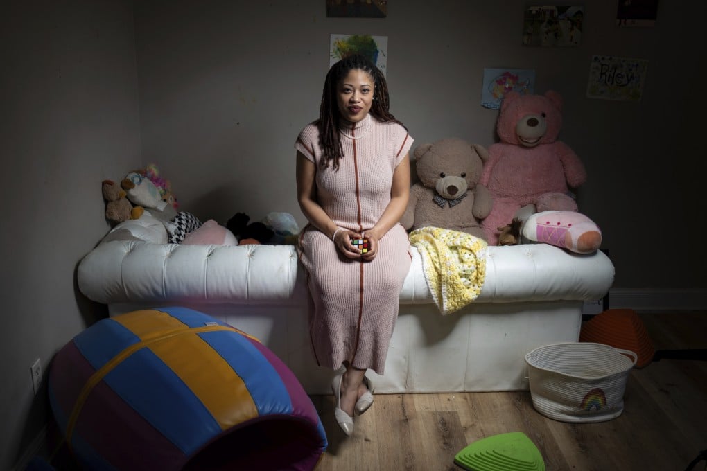 Natasha Nelson, who was diagnosed with autism in August 2023, just after her youngest daughter was also diagnosed, sits in a sensory room she uses to calm her children. Photo: AP
