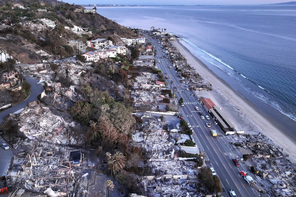 An aerial view of homes along the beach that burned in the Palisades fire in Malibu, California, on January15. Photo: Getty Images/TNS