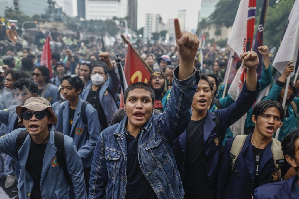 Students shout slogans during an anti-government protest near the presidential palace in Jakarta, Indonesia, on Monday. Photo: EPA-EFE