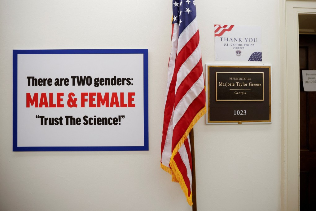 A sign outside US representative Marjorie Taylor Greene’s office in Washington on February 25, 2021. Trump’s efforts to roll back diversity policies and defend women’s rights against the transgender lobby are rippling through US society. Photo: Reuters