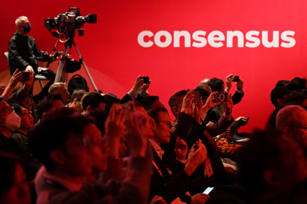 Visitors attend a panel discussion at Consensus Hong Kong, organised by CoinDesk, at the Convention and Exhibition Centre on Wednesday. Photo: AFP