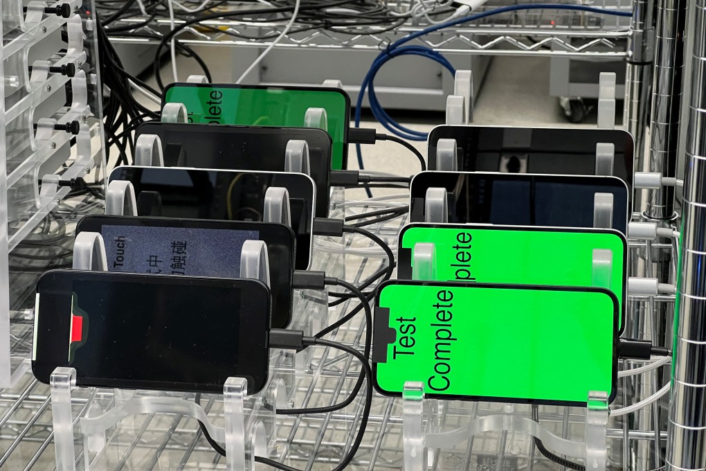 iPhone 16e phones with the new C1 cellular modem are tested at an Apple lab in California. Photo: Reuters