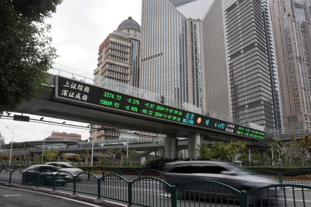 Cars travel past a pedestrian overpass with a display of stock information at the Lujiazui financial district in Shanghai. Photo: Reuters