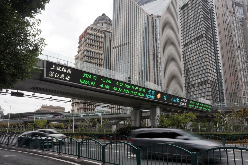 Cars travel past a pedestrian overpass with a display of stock information at the Lujiazui financial district in Shanghai. Photo: Reuters