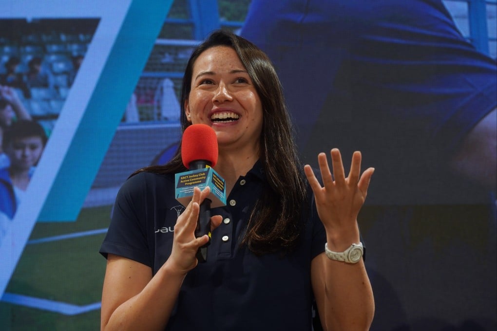 Siobhan Haughey speaks at a mental health seminar organised by Laureus at a Hong Kong school on Thursday. Photo: Elson Li