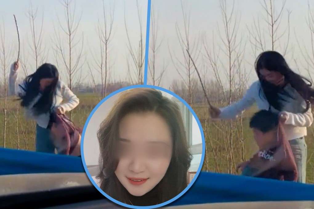 An angry mother in China has sparked an online parenting debate after she beat her son with a stick on the side of the road after the boy had a tantrum. Photo: SCMP composite/Douyin