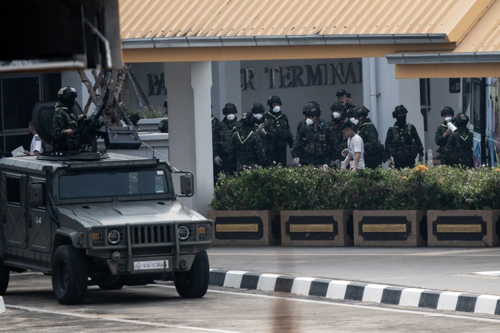 Thai soldiers at Mae Sot airport ahead of transfer of alleged Chinese scam workers on February 20 to charter flight to China. Photo: Khu Sam