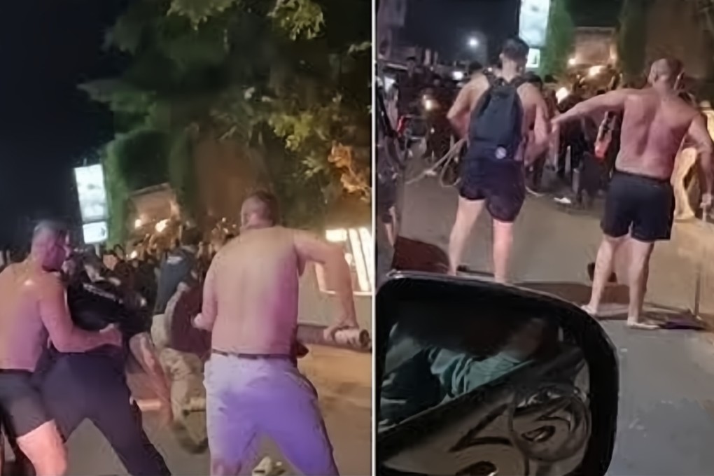 A group of Australians brawl with security guards outside of Finn’s Beach Club in Bali on February 11. Photo: Instagram / medsoszone