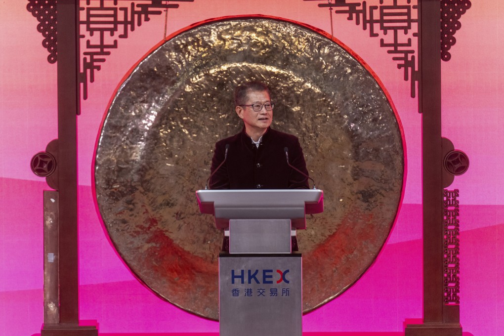 Hong Kong Financial Secretary Paul Chan speaks during a ceremony to mark the first trading day of the Year of the Snake at the Hong Kong stock exchange on February 3. Photo: AP