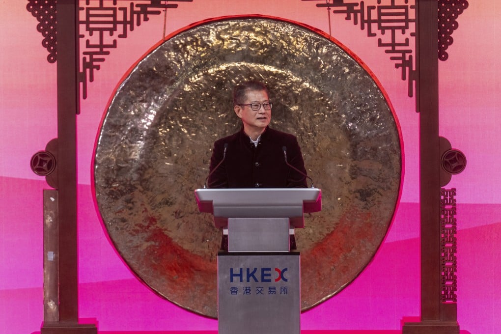 Hong Kong Financial Secretary Paul Chan speaks during a ceremony to mark the first trading day of the Year of the Snake at the Hong Kong stock exchange on February 3. Photo: AP