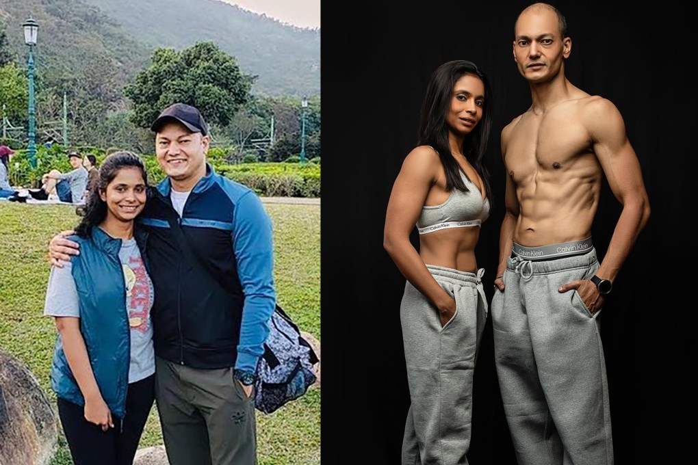 Hong Kong parents Chinchak Satapathy and Himanshu Thakur before they began their weight-loss journey (left) and today, having shed 50kg between them in a year through exercise and changes in diet. They were motivated to be good role models for their young son. Photo: Chinchak Satapathy, Instagram/worklifewellness_himanshu