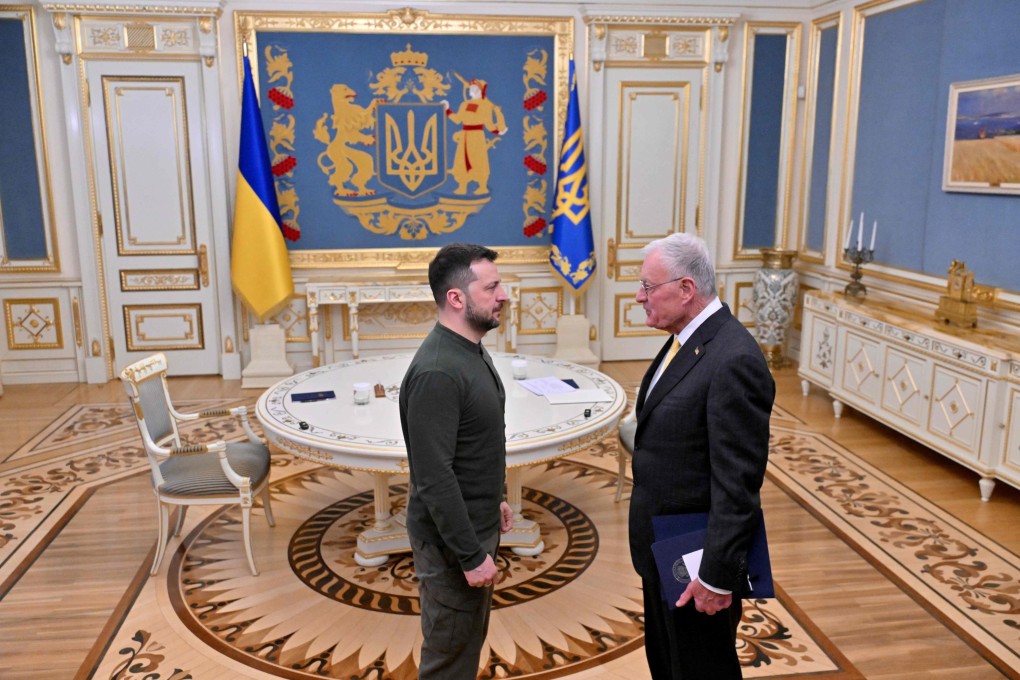 Ukraine’s President Volodymyr Zelensky greets US special envoy Keith Kellogg in Kyiv on Thursday. Photo: AFP