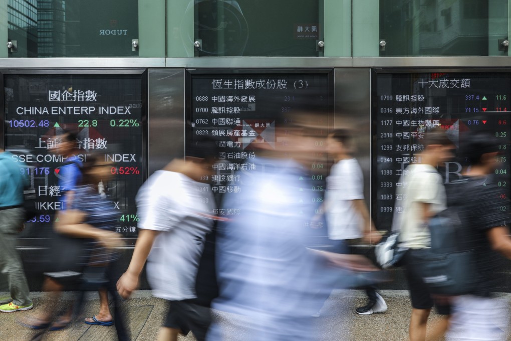 Electronic screens showing stock prices and market indices outside a HSBC bank branch in Mong Kok, Hong Kong. Photo: Sam Tsang