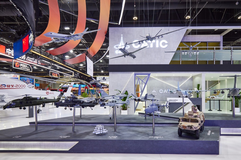 Aviation products, including fighter jets, drones and transport aircraft, are displayed at the 2025 International Defence Exhibition in Abu Dhabi. Photo: Aviation Industry Corporation of China