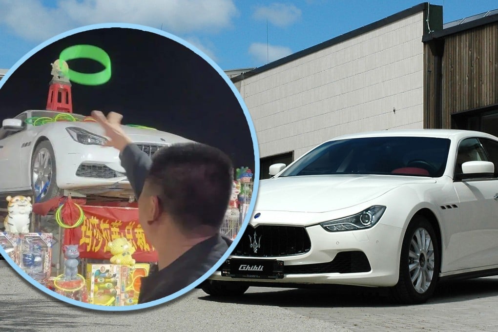 A man in China spent just US$280 at a ring toss game and won a US$235,000 Maserati sports car. Photo: SCMP composite/Shutterstock/QQ.com