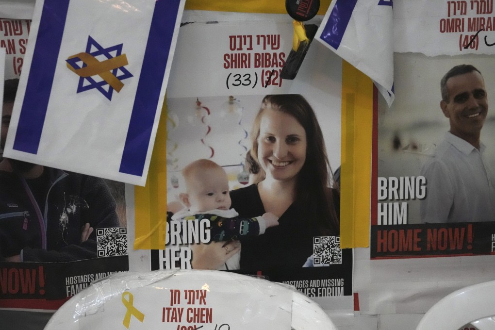 A poster shows Shiri Bibas, who was kidnapped to Gaza with her husband and two young sons, in Jerusalem on Friday. Photo: AP
