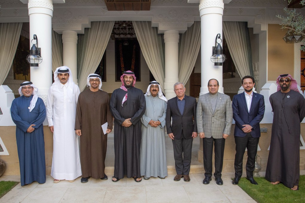 (From left) Bahrain Crown Prince Salman bin Hamad Al Khalifa, Qatar’s Emir Sheikh Tamim bin Hamad Al-Thani, UAE President Sheikh Mohammed bin Zayed Al Nahyan, Saudi Crown Prince Mohammed bin Salman, Emir of Kuwait Mishal Al-Ahmad Al-Jaber Al-Sabah, King Abdullah II bin Al-Hussein of Jordan, Egyptian President Abdel Fattah el-Sissi, Jordan Crown Prince Hussein bin Abdullah and UAE’s National Security Advisor Sheikh Tahnoun bin Zayed al-Nahyan pose for a picture during their meeting in Riyadh, Saudi Arabia, on Friday. Photo: Saudi Ministry of Media via AP