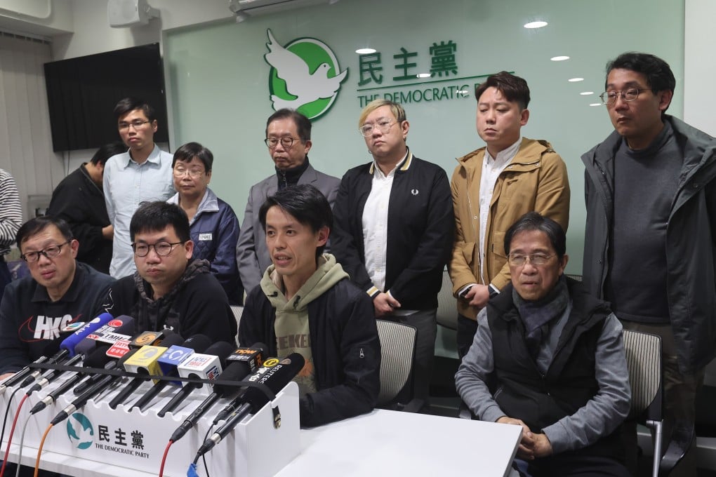 Democratic Party chairman Lo Kin-hei (front row, second from right) and other members meet the press on Thursday. Photo: Edmond So