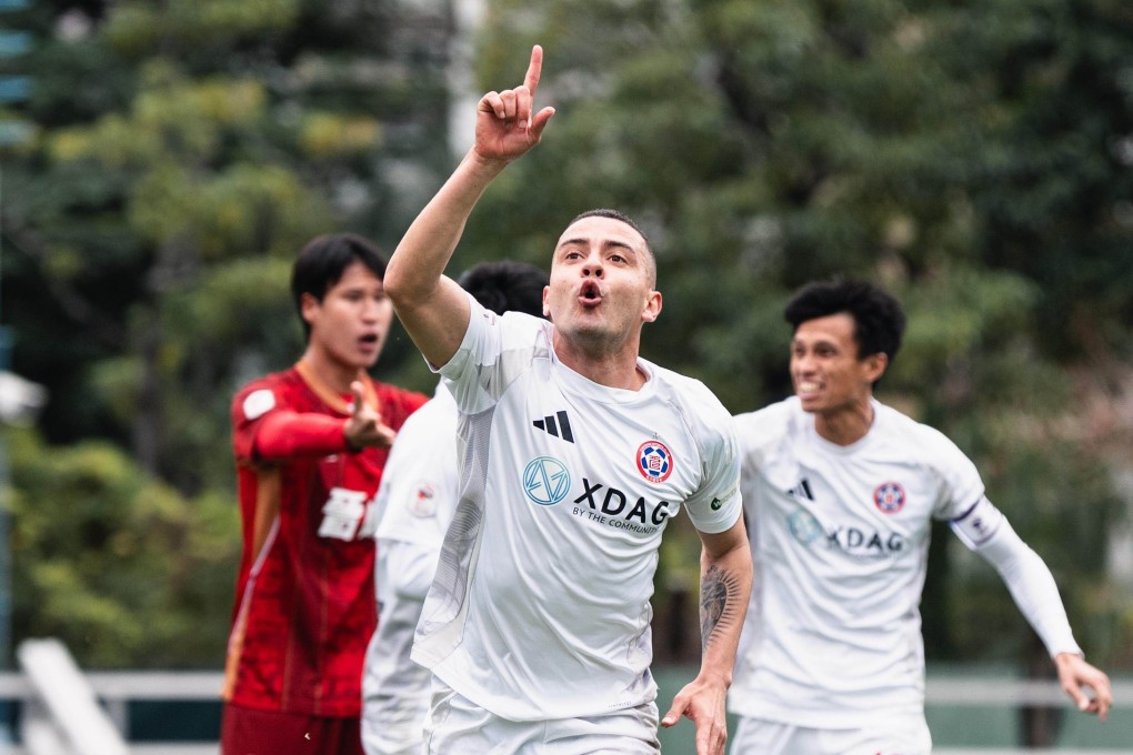 A jubilant Felipe Sa wheels away after heading home Eastern’s opening goal. Photo: Eastern SC