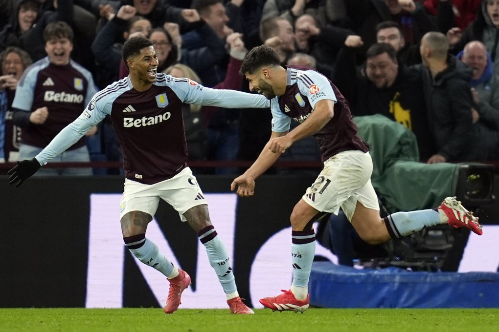 Aston Villa’s Marco Asensio (right) celebrates with teammate Marcus Rashford after scoring the winner against Chelsea. Photo: EPA-EFE