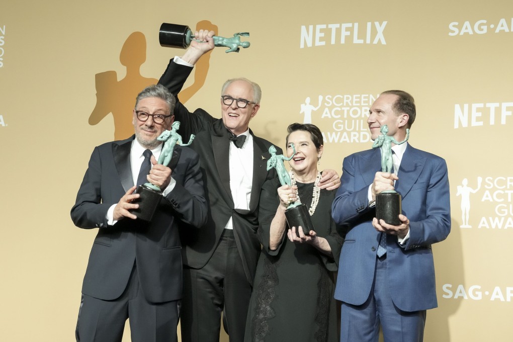 Conclave cast members (from left) Sergio Castellitto, John Lithgow, Isabella Rossellini, and Ralph Fiennes with the Screen Actors Guild awards for outstanding performance by a cast in a motion picture, the equivalent of best picture. Photo: EPA-EFE