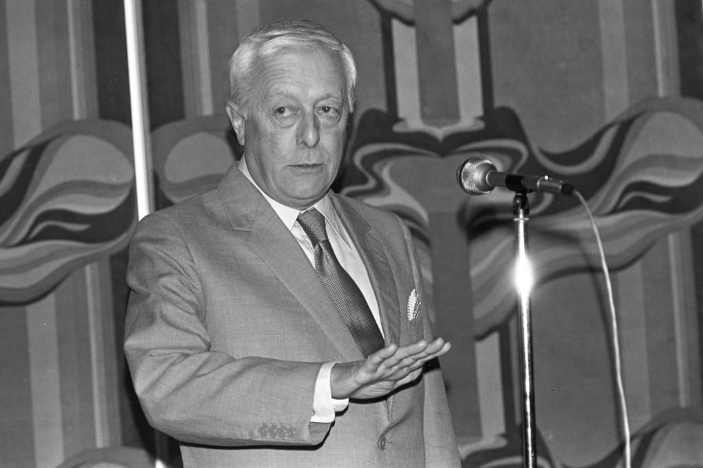 Writer Austin Coates appears on stage in 1977. Photo: SCMP Archives