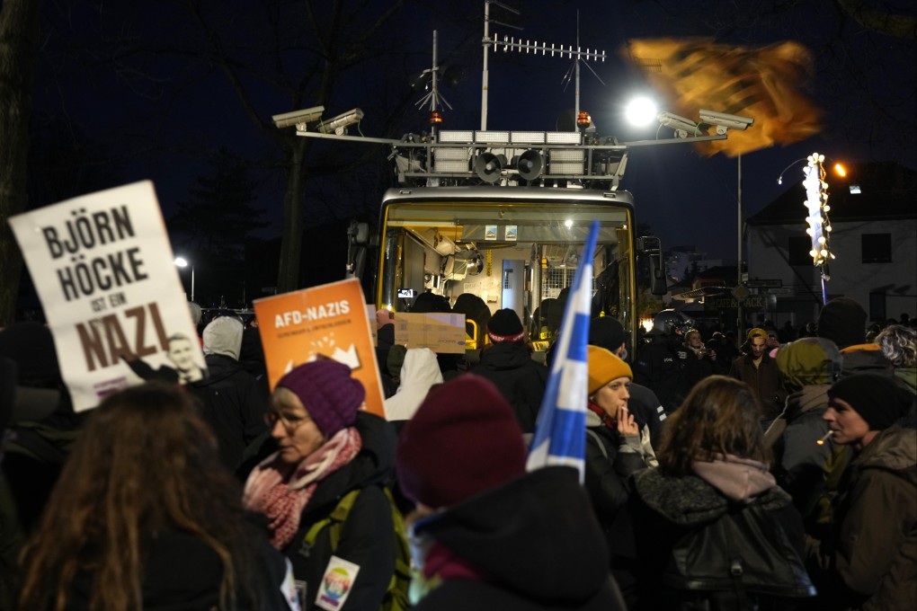 People hold a protest near the AfD party headquarters in Berlin, Germany on Sunday. Photo: AP
