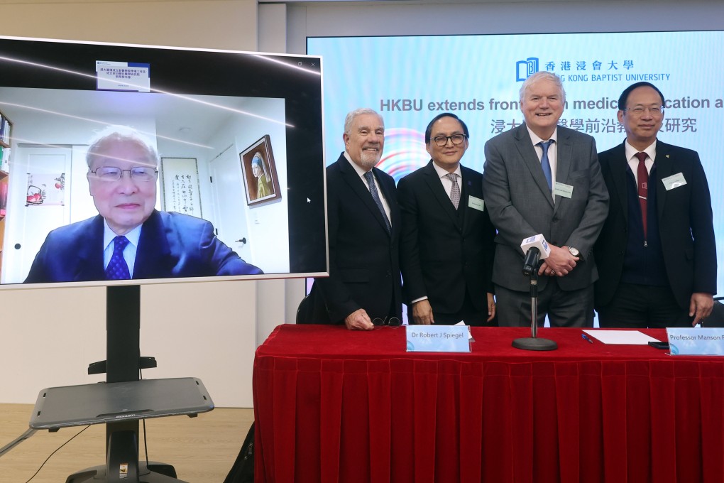 (From left) Professor Lee Sum-ping (via Zoom), drug development expert Dr Robert Spiegel, Professor Manson Fok, Michael Houghton and Professor Alexander Wai. Photo: Edmond So