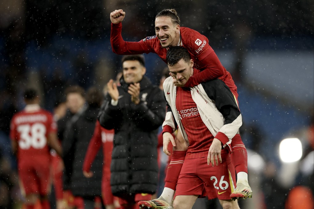 Liverpool duo Konstantinos Tsimikas (top) and Andrew Robertson (down) celebrate the potentially season-defining victory over Manchester City and Liverpool FC, in Manchester. Photo: EPA