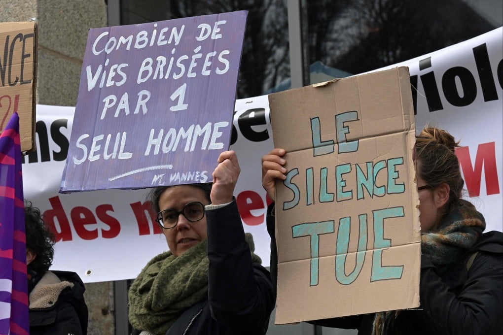 Protesters hold signs reading ‘how many lives broken by only one man’ and ‘silence kills’ outside court in Vannes, France, on Monday, the opening day of retired doctor Joel Le Scouarnec’s trial on charges of assaulting or raping 299 patients. Photo: AFP