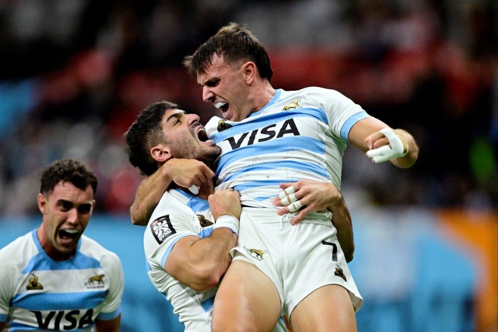 Argentina’s Tobias Wade celebrates with teammates after beating South Africa in the final. Photo: Reuters