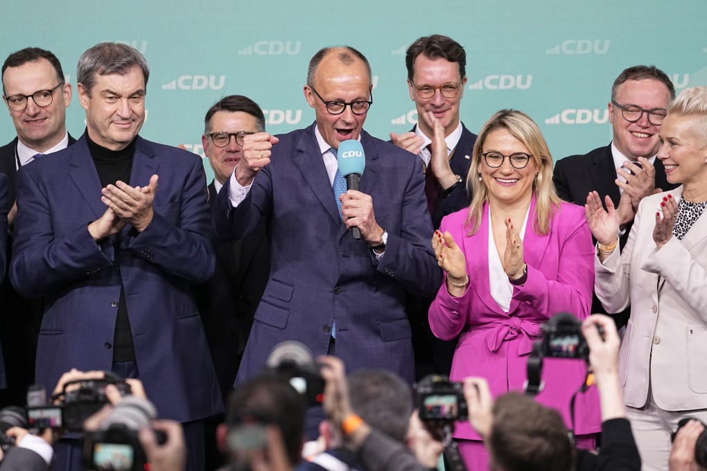 Friedrich Merz addresses supporters in Berlin after the German national election. Photo: AP