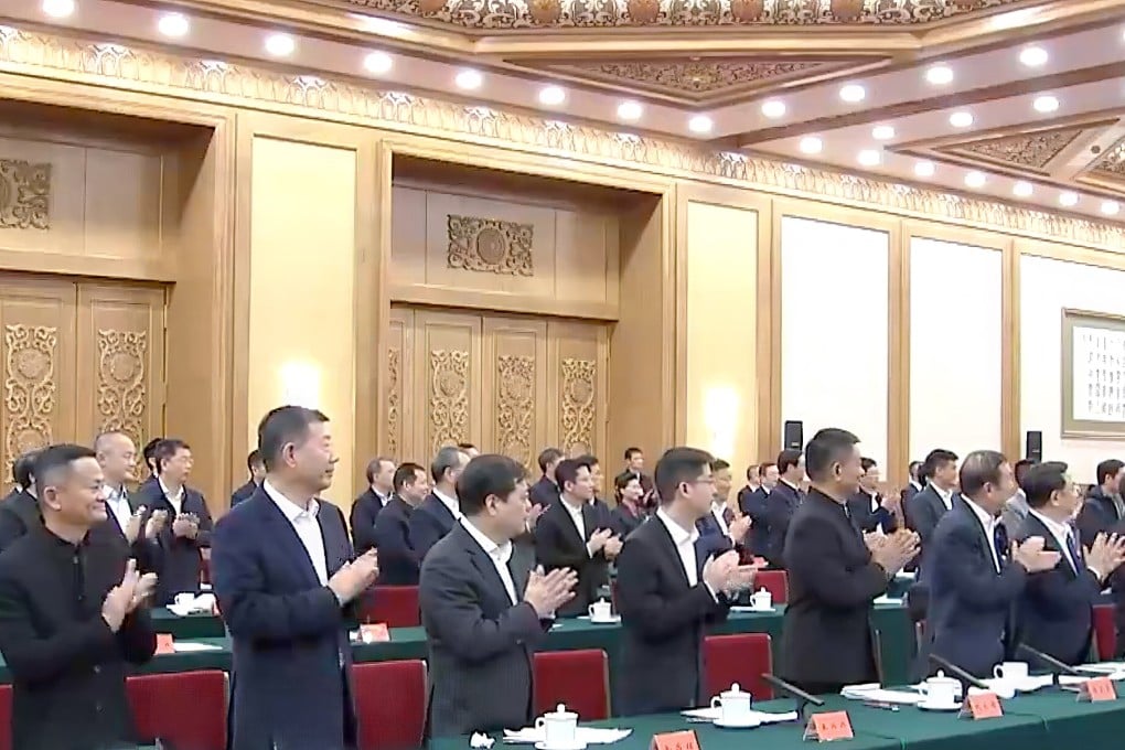 Tech entrepreneurs attend a symposium with Chinese President Xi Jinping and Premier Li Qiang in Beijing on February 17. This new generation typically have a higher purpose in life that is aligned with China’s definition of Chinese-style modernisation. Photo: Captured from CCTV