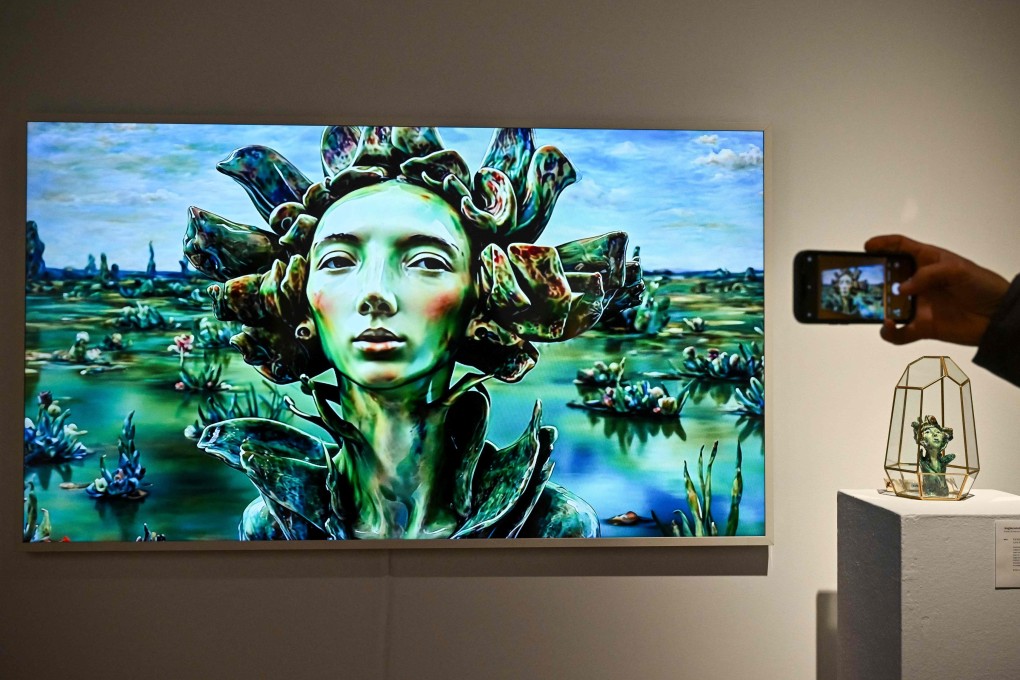 An AI artwork created by Vanessa Rosa called Little Martians & Abraham” at a preview of Christie’s AI art auction. The sale has angered many human artists. Photo: AFP