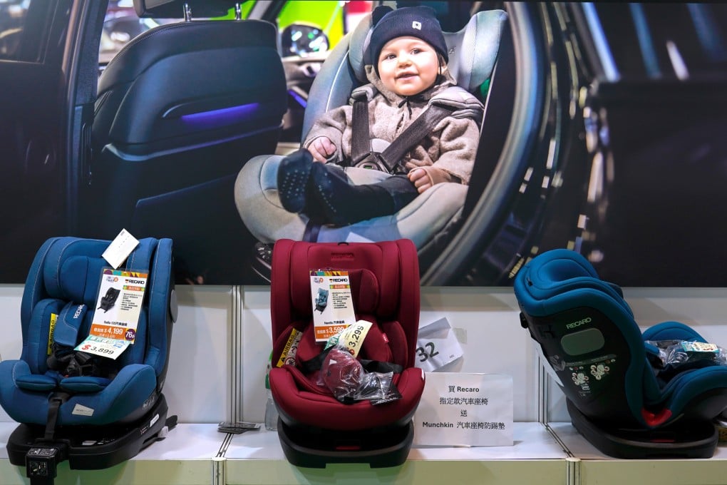 Baby car seats are displayed at a Hong Kong expo. From November 1, any private car driver who failed to provide the safety equipment can be fined HK$230. Photo: Getty Images