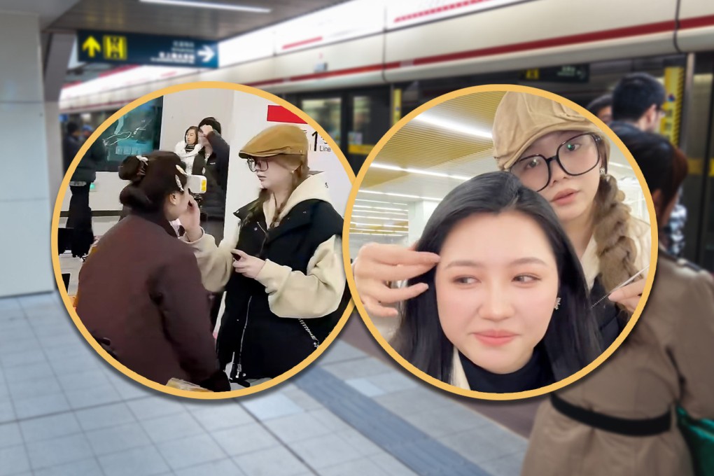 A woman in China has set up a stall in a subway station to help women on their way to dates and parties re-do their make-up. Photo: SCMP composite/Shutterstock/Douyin