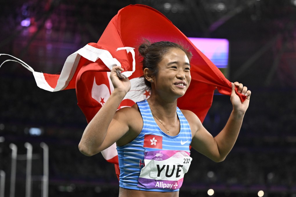 Hong Kong’s Tiffany Yue celebrates long jump bronze at the Asian Games in 2023. Photo: Xinhua