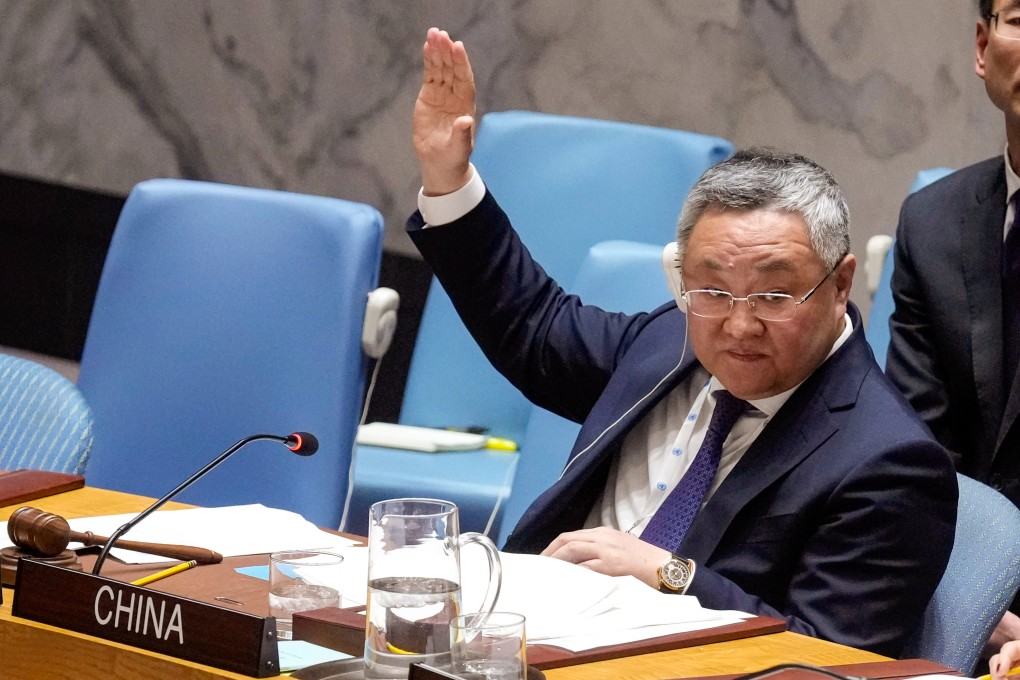 Fu Cong, China’s ambassador to the United Nations, votes in the UN Security Council on Monday at the UN headquarters in New York. Photo: AP
