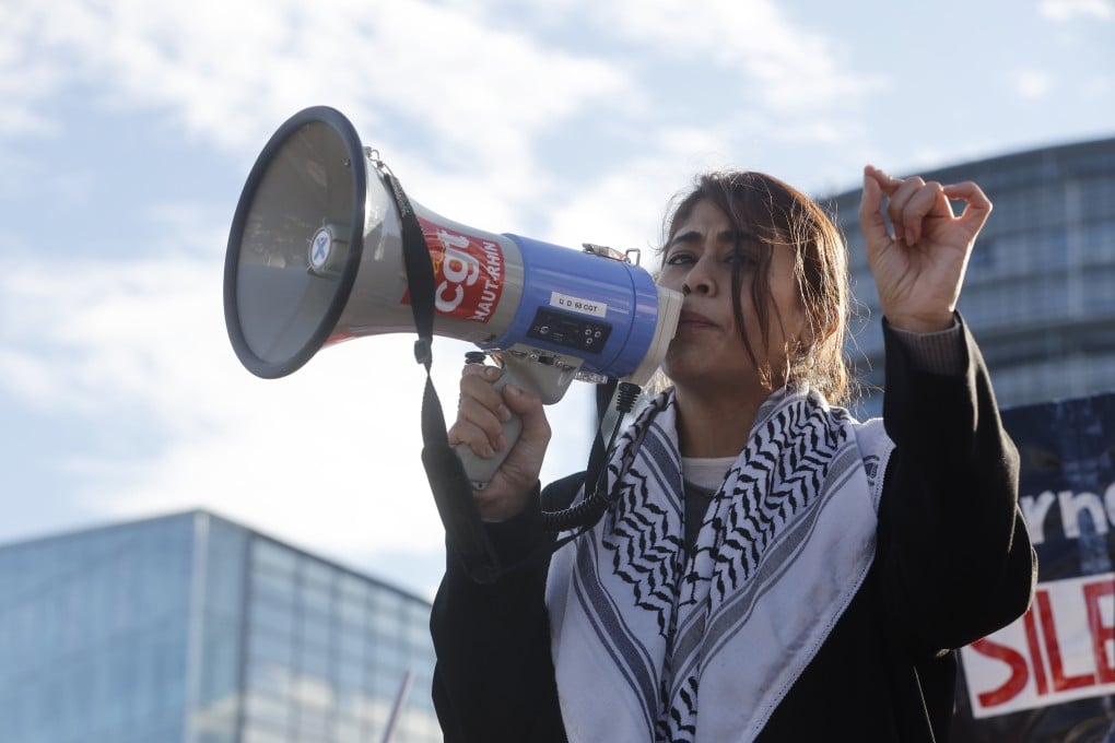 Member of European Parliament Rima Hassan at a pro-Palestinian demonstration outside the European Parliament in Strasbourg, France in November. Hassan and Lynn Boylan, who chairs the European Parliament EU-Palestine delegation, were denied entry at Israel’s Ben-Gurion airport on Monday. Photo: AP