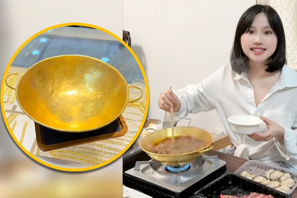 A hotpot bowl made of pure gold which costs US$97,000 to buy has shocked social media in China. Photo: SCMP composite/Douyin