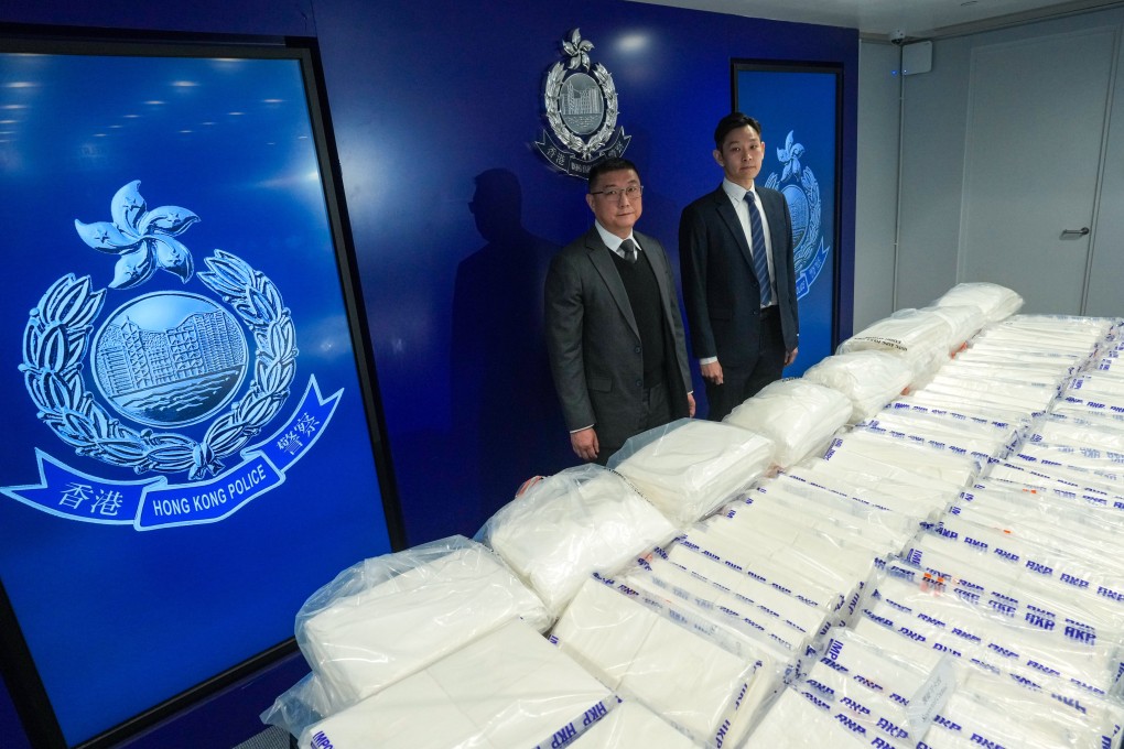 Chief Superintendent Ng Kwok-cheung and (left) Senior Inspector Tong Wai-kwok display the haul at police headquarters in Wan Chai. Photo: Sam Tsang
