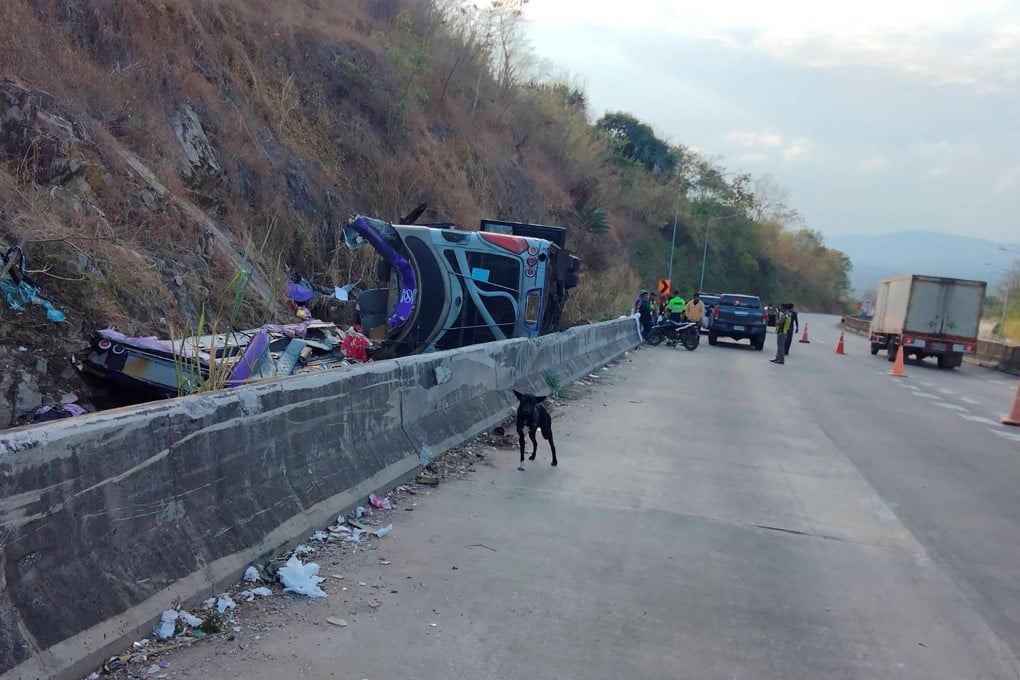 The overturned bus in Prachinburi province, Thailand. Photo: Prachinburi Highway District via Reuters