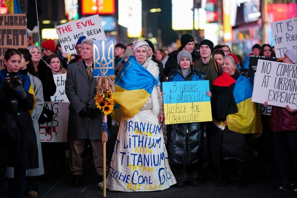 A demonstration to mark three years since the Russian invasion of Ukraine, in Times Square in New York City, on Monday. Photo: Reuters