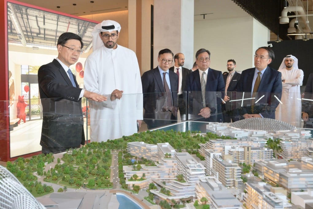 Hong Kong Chief Executive John Lee at a briefing by a representative of Aldar Properties in Abu Dhabi in the United Arab Emirates on February 7, 2023. Photo: ISD/Xinhua