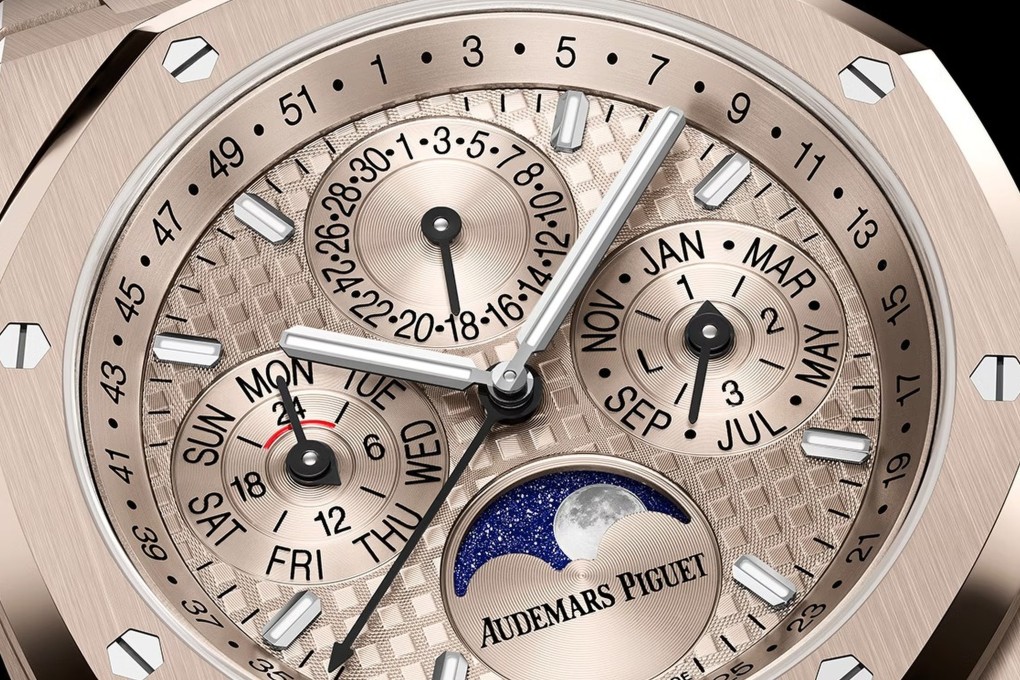 An Audemars Piguet Royal Oak perpetual calendar watch in sand gold with the calibre 7138 ticking away inside. All date functions can be set through the crown, an innovation in watchmaking. Photo: Audemars Piguet