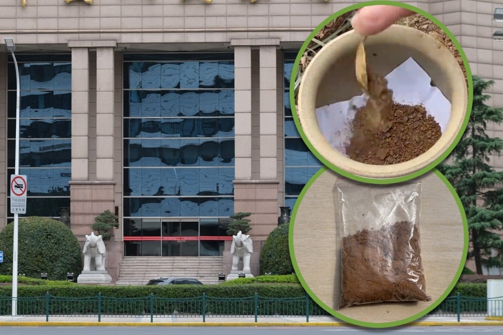 Online shops in China are selling soil dug up from outside major banks for up to US$122 a bag, claiming that it will bring good fortune to those who buy it. Photo: SCMP composite/Shutterstock/The Paper/Douyin
